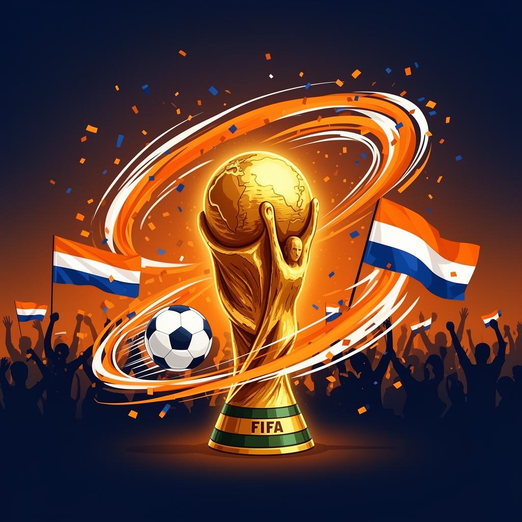 Oranje WK Quiz visual met WK-trofee, voetbal, confetti en Nederlandse vlaggen